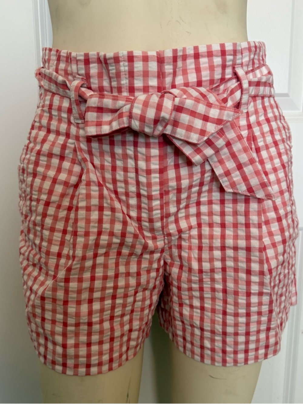 LOFT Red and White Paper Bag Tie Gingham Shorts